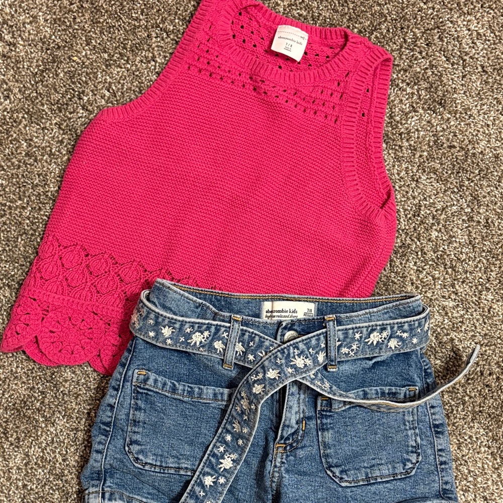 abercrombie kids Hot Pink Crochet-Hem Knit Tank and jean shorts